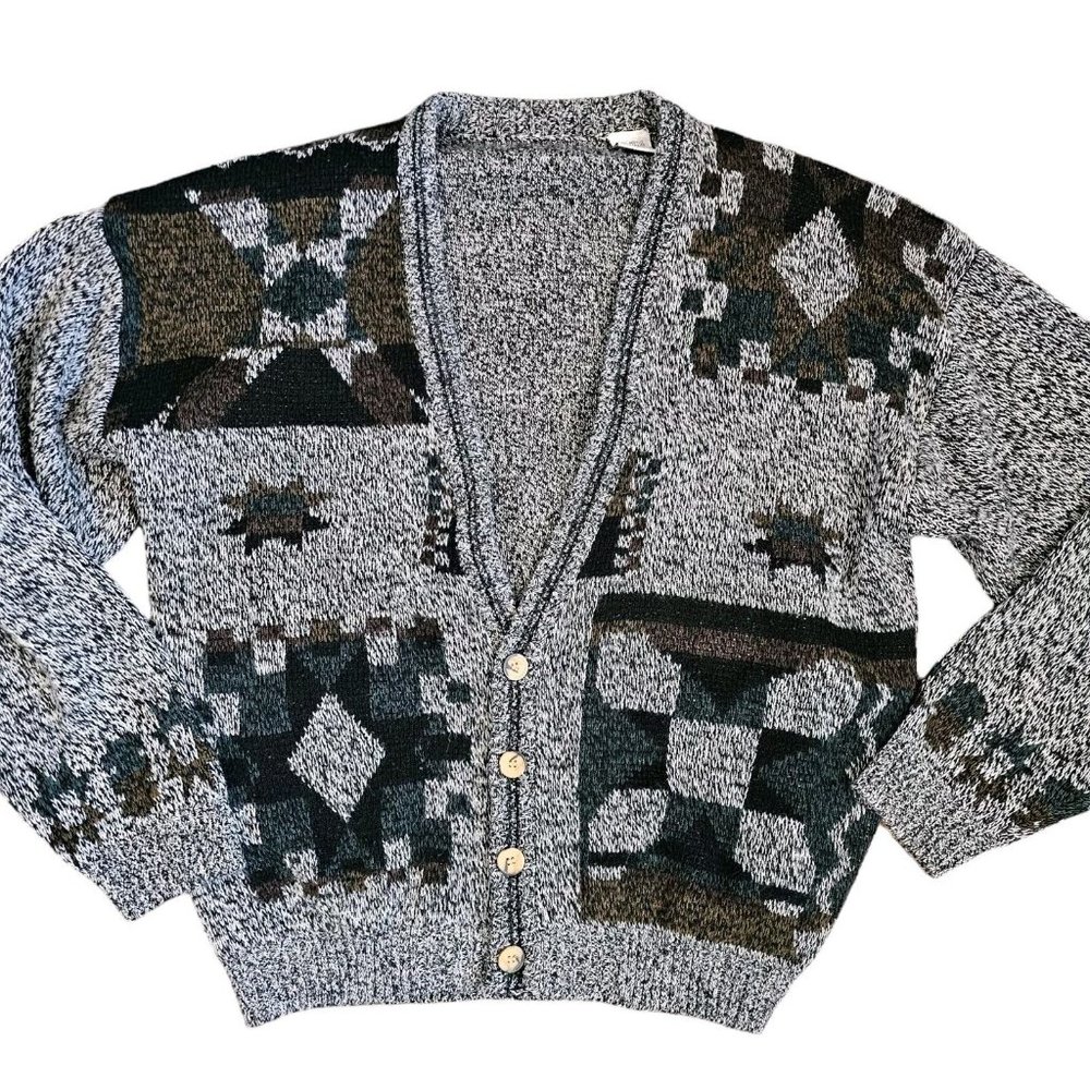 Vintage 80s Mens XL Gray Aztec Southwest Grandpa Cardigan Sweater
